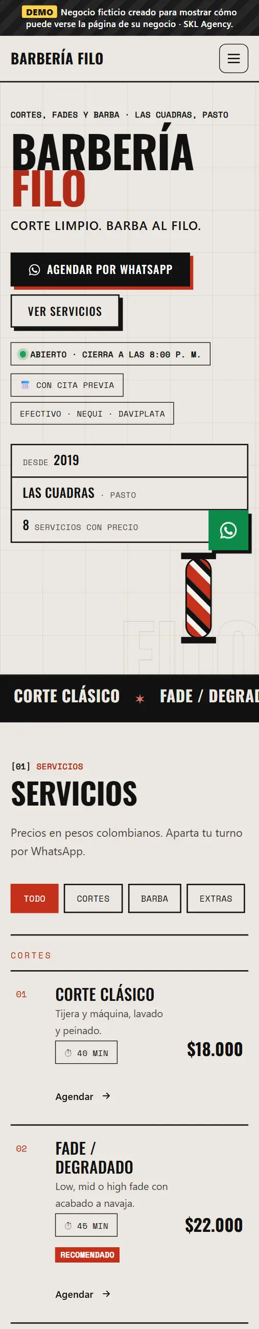 Captura de la página de Barbería Filo, negocio de demostración