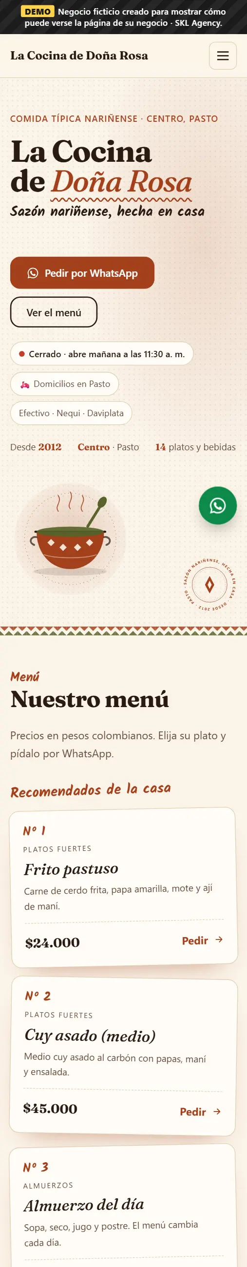 Captura de la página de La Cocina de Doña Rosa, negocio de demostración