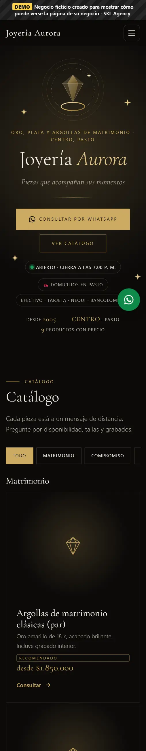 Captura de la página de Joyería Aurora, negocio de demostración