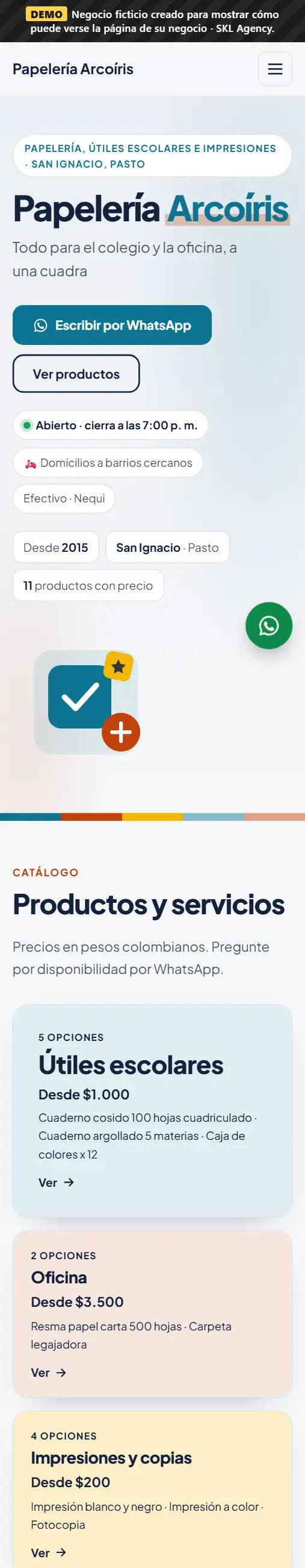 Captura de la página de Papelería Arcoíris, negocio de demostración