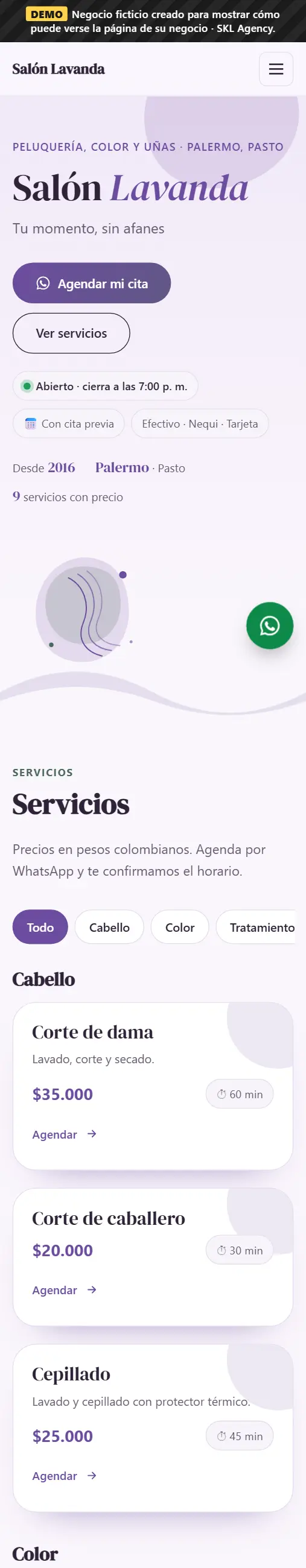 Captura de la página de Salón Lavanda, negocio de demostración
